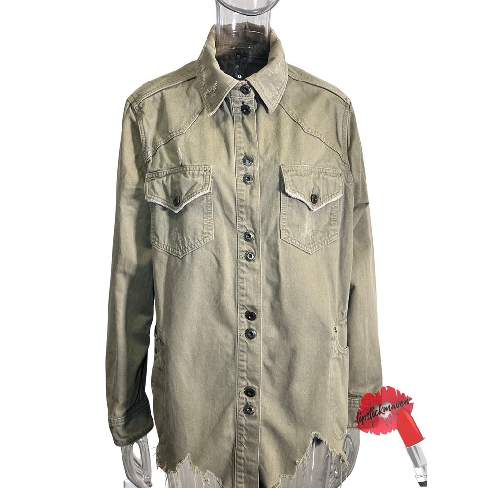 Free People Moonchild Military Shacket Med Green Denim Shirt Jacket Distressed